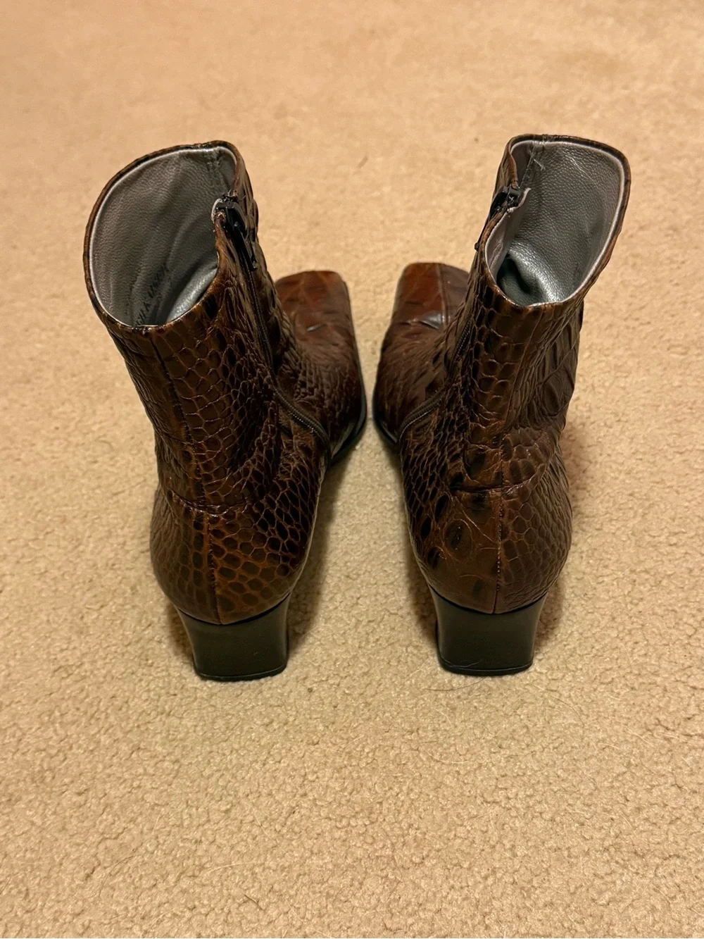 Peter Kaiser Brown Croc Embossed Leather Ankle Boots Side Zip